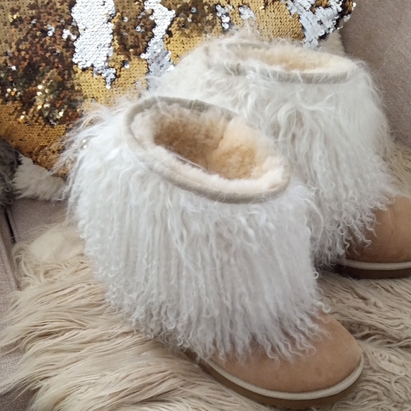 UGG Fluffy White and Tan Winter Boots - Picture 1 of 5